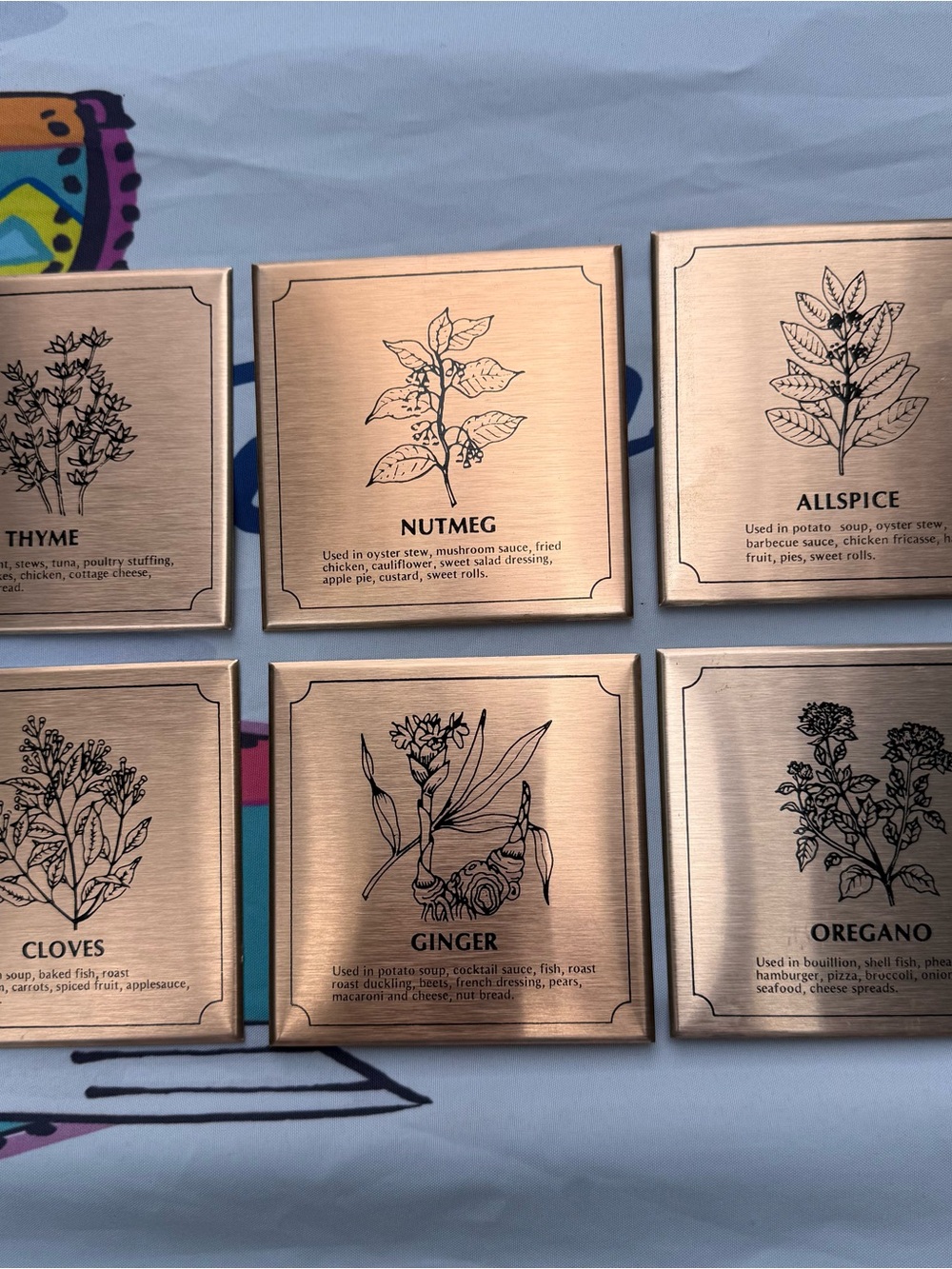 Vtg RARE Herbs Metal Wall Tiles 6 Kitchen Spices Gold Brushed Aluminum 4-1/4"